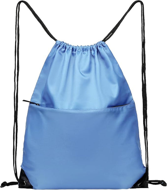 BuyAgain Drawstring Backpack Sports Water Resistant String Bag Sport Gym Sackpack for Women Men Large with Zipper, Baby Blue
