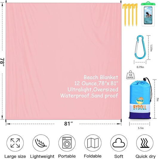BYDOLL Beach Blanket Waterproof Sandproof 78''×81'' 1-7 Adults Oversized Lightweight Large Picnic Mat Waterproof Sandproof Blanket for Beach