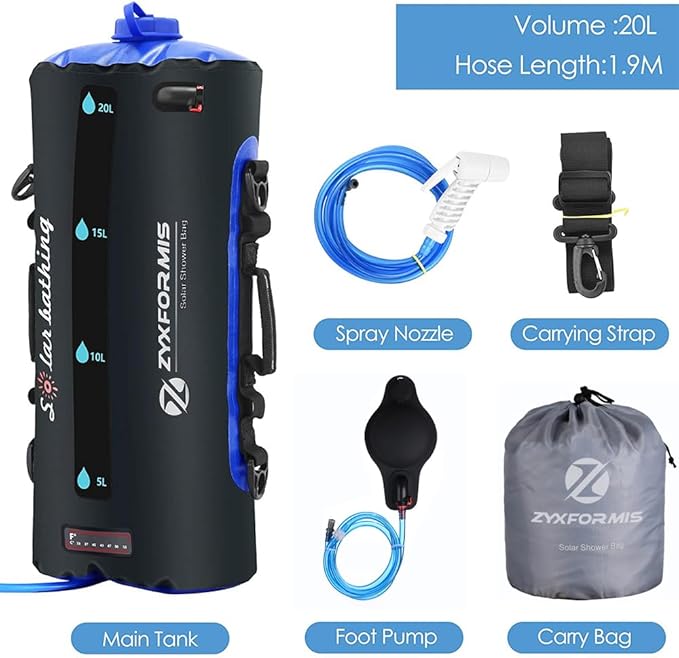 Camping Shower Bag, 5 Gal/20L TPU Material Portable Shower Bag with Foot Pump and Press-Type Shower Nozzle for Camping Beach Swimming Outdoor Traveling Hiking