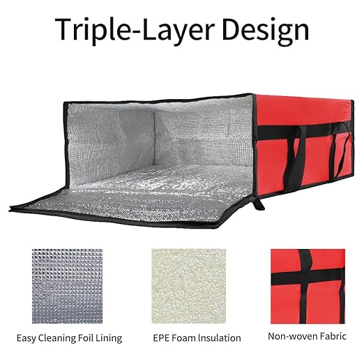 Bodaon Insulated Pizza Delivery Bag, 20" x 20" x 8" Pizza Warmer Bags for Carry Hot, Insulated Food Delivery Bag, Insulated Grocery Bags (Red, 1-Pack)