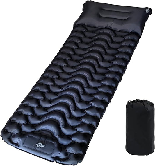 Sleeping Pad for Camping, Inflatable, Backpacking, Hiking, Travel, Built-in Step Inflating Air Pump, Integrated Pillow, Indoor Outdoor Firm Sleep Support, Compact and Portable, Black