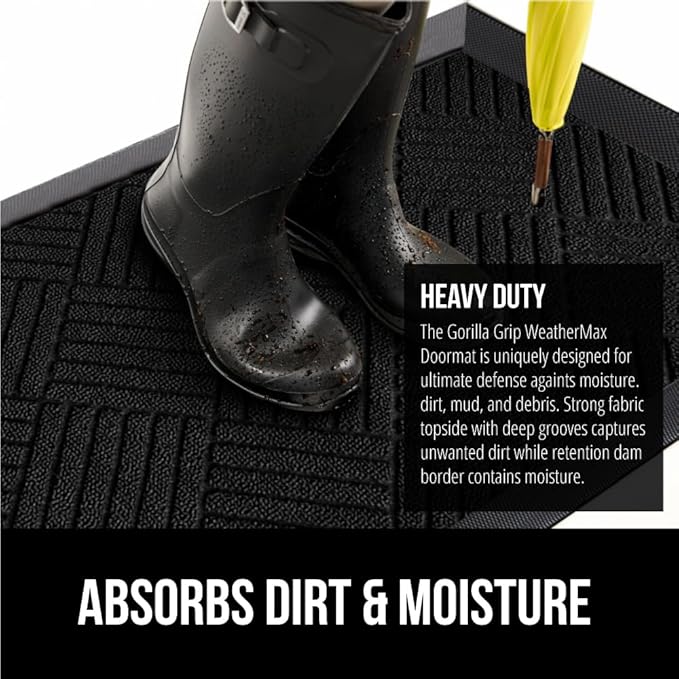 GORILLA GRIP 100% Waterproof All-Season WeatherMax Doormat, Durable Natural Rubber, Stain and Fade Resistant, Low Profile, Indoor Outdoor Door Mats, Easy Clean Patio Entrance Mat, 17x29, Black Diamond