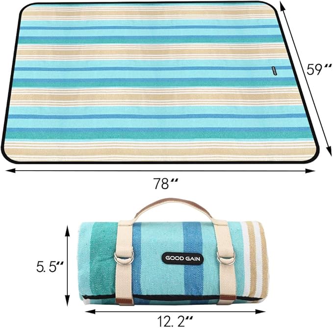 G GOOD GAIN Picnic Blanket Waterproof & Sand Proof,Beach Blanket Portable with Carry Strap, XL Large Foldable Picnic Rug Machine Washable for Outdoor Camping Party,Wet Grass,Hiking,Kids Playground