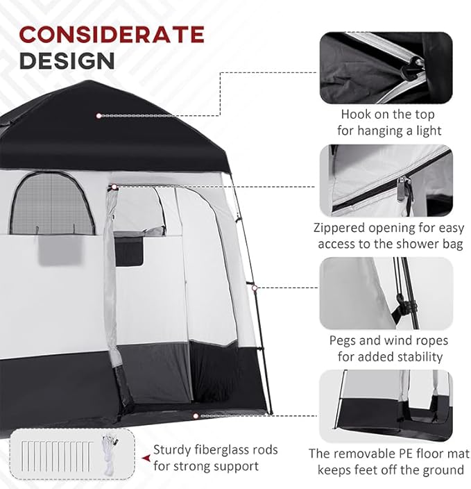 Outsunny Shower Tent, Pop Up Privacy Shelter for Camping, Dressing Changing Room, Portable Instant Outdoor Shower Tent Enclosure w/ 2 Rooms, Shower Bag, Floor and Carrying Bag