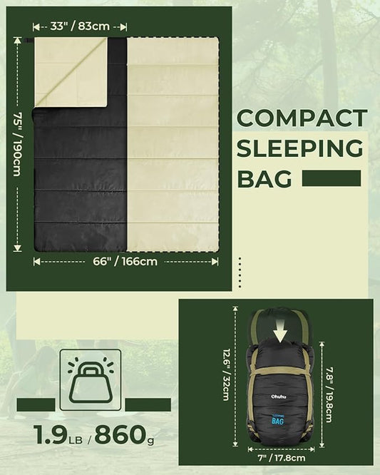 Sleeping Bag, Ohuhu Lightweight Sleeping Bag 3 Season Warm Weather Portable Compact Sleeping Bags for Adult Kids with Carry Bag for Camping Hiking Backpacking and Outdoors 59℉-77℉