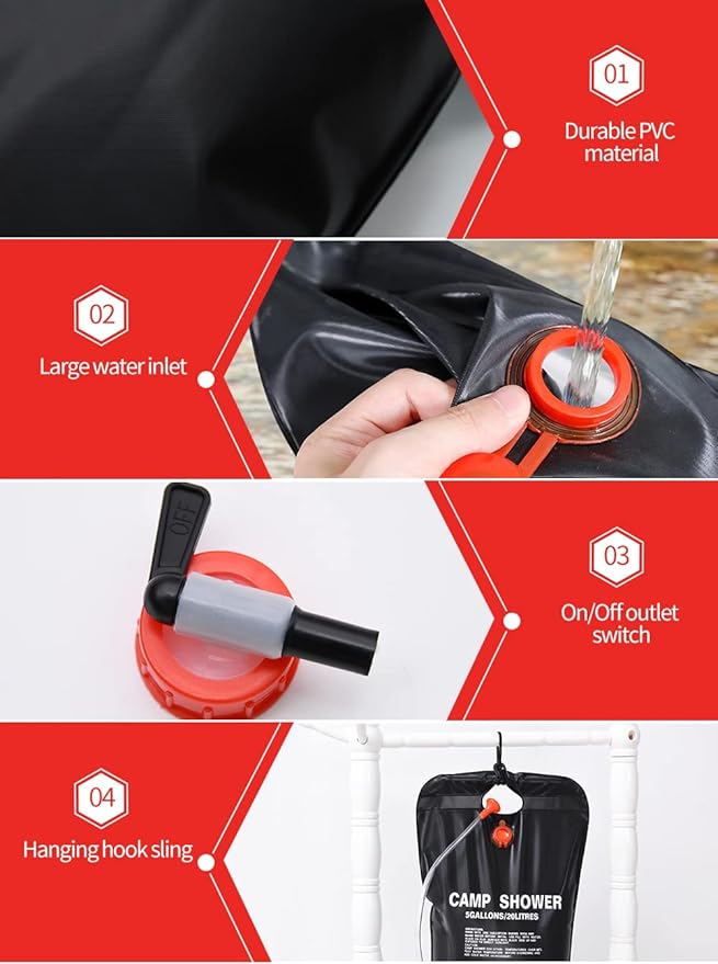 DkOvn Solar Shower Bag, 1/2/4 Pack 5 Gallons/20L Camping Shower Bag, Portable Shower Bag with Removable Hose and On-Off Switchable Shower Head for Camping Beach Swimming Outdoor Traveling