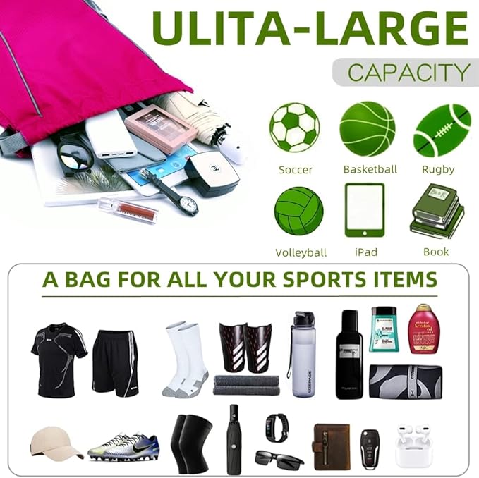 BLIRITEL Drawstring Backpack Sports Gym Bag, Multifunctional Soccer Backpack, Waterproof Soccer Bag for Men Women, String Basketball Bag Football Volleyball Backpack with Shoes Compartment (Rose)