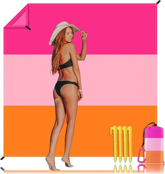 Beach Blanket, Waterproof Sandproof Beach Mat Oversized 79 X 83 Inch for 4-6 Adults, Lightweight Picnic Blanket, Portable Picnic Mat for Outdoor Travel Camping Hiking with 4 Stakes & 4 Corner Pocket