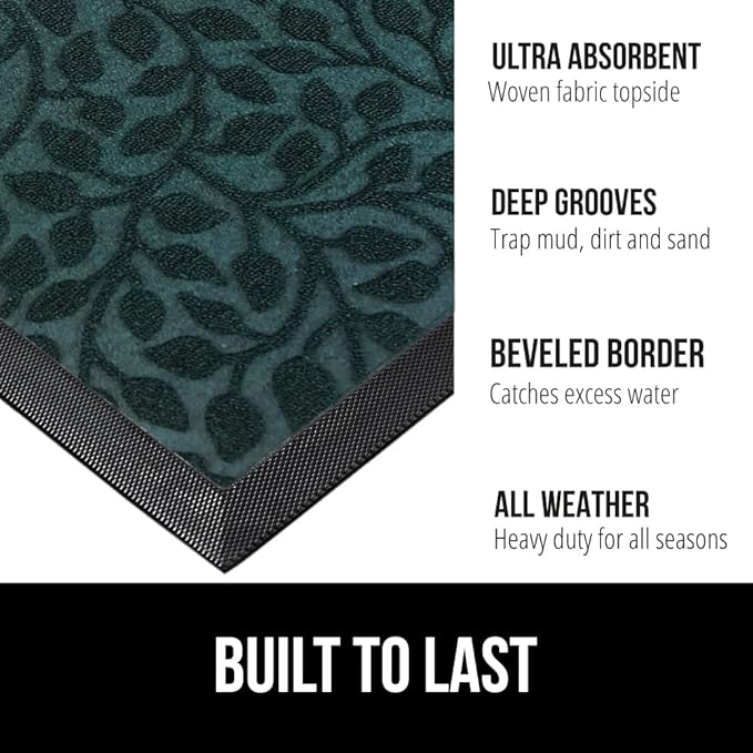GORILLA GRIP 100% Waterproof All-Season WeatherMax Doormat, Durable Natural Rubber, Stain and Fade Resistant, Low Profile, Indoor Outdoor Door Mats, Easy Clean Entrance Mat, 17x29, Moss Vine Leaves