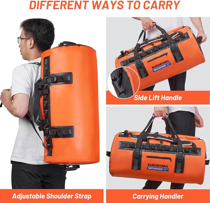 Blueshyhall 60L Waterproof Duffle Bag with Durable Handles Straps, Water Repellent Dry Sack for Motorcycle Paddleboarding Kayaking Canoeing Camping Rafting Boating (Grey)