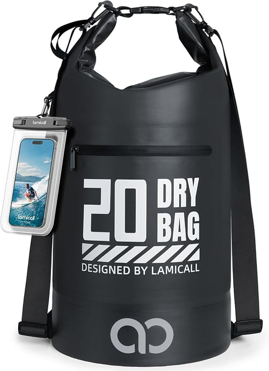 Lamicall Dry Bag Waterproof Backpack - [Zippered Pocket] 10L/20L Roll Top Waterproof Bag with Water proof Phone Case, Floatable Drybag for Swimming, Boating, Kayaking, Camping, Beach