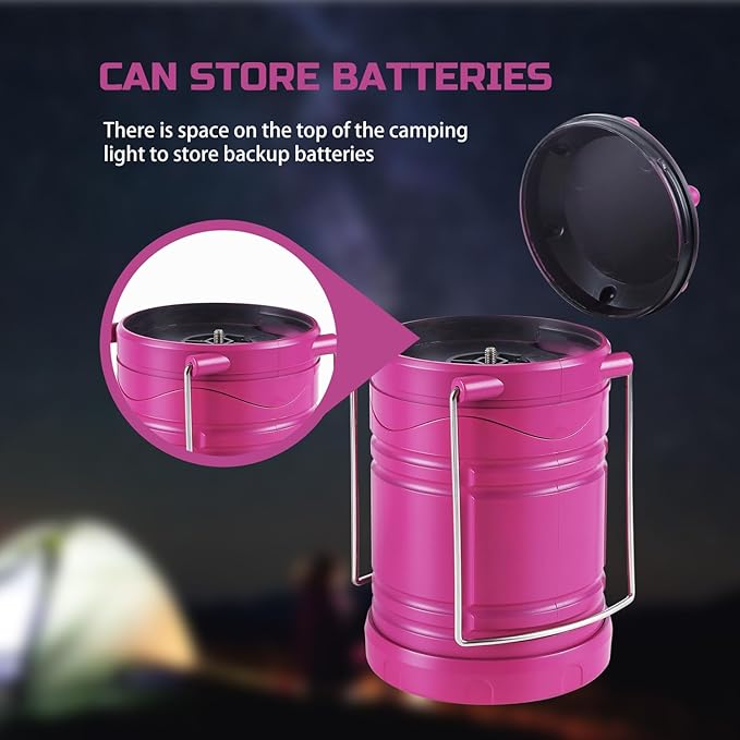 Lichamp LED Camping Lantern, 4 Pack Battery Powered Flashlight for Power Outages, Portable Collapsible Hanging Light Essential for Home, Outdoor, Emergency Lamp Survival Kit Gear for Hurricane, Pink