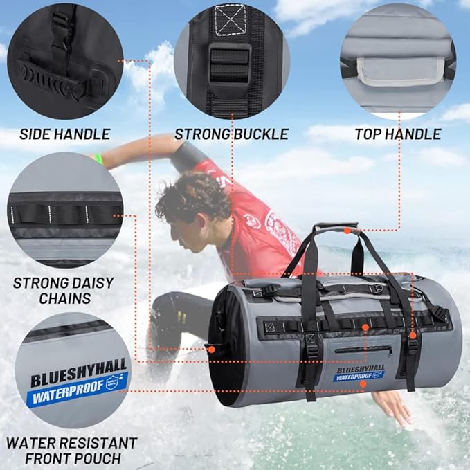 Blueshyhall 60L Waterproof Duffle Bag with Durable Handles Straps, Water Repellent Dry Sack for Motorcycle Paddleboarding Kayaking Canoeing Camping Rafting Boating (Orange)