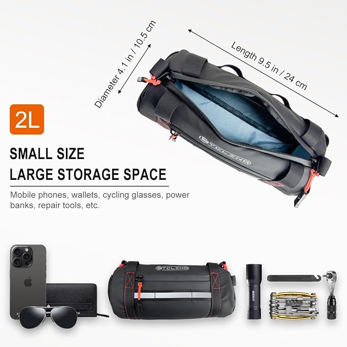 Bike Handlebar Bag, Waterproof Bicycle Front Roll Bag with Reflective Area, Cycling Storage Pouch with Waterproof Zipper Shoulder Strap Removable Straps for Road Mountain E-Bikes