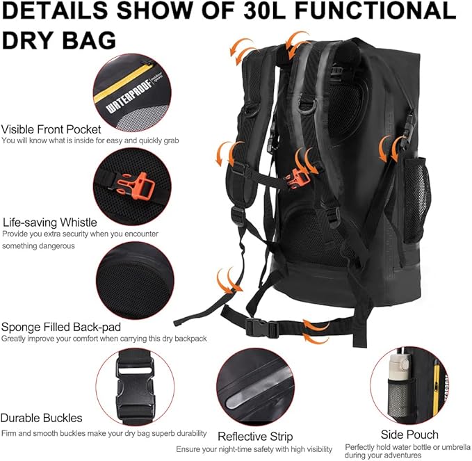 Blueshyhall 30L Waterproof Dry Backpack, Outdoor Travel Roll Top Closure Water Repellent Duffle Storage Sack for Kayaking Rafting Boating Fishing Camping and Beach - Black