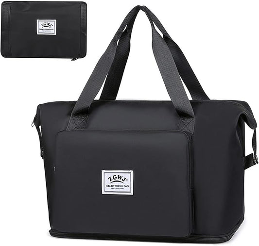 Expandable Travel Duffel Tote Bag - Foldable Overnight Weekender, Carry-On, Swim & Gym Bag - Fits Spirit Airlines Personal Item Size - Lightweight, Waterproof & Durable with Trolley Sleeve,Black