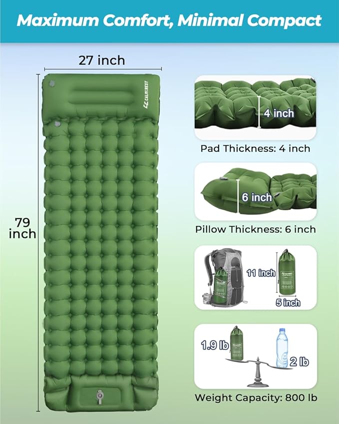 Sleeping Pad for Camping, 4in Thickness Inflatable Sleeping Mat with Adjustable Pillow & Built-in Foot Pump,Lightweight Camping Air Mattress with Waterproof Nylon for Hiking,Traveling-Green