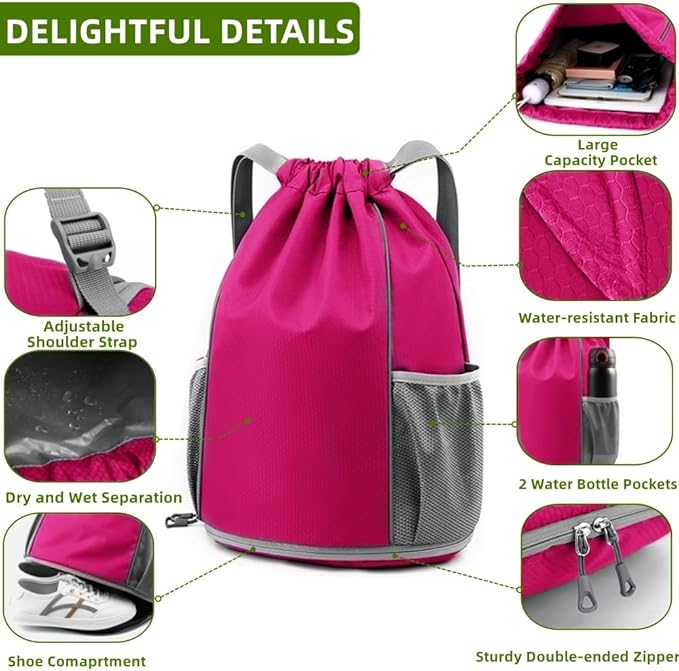 BLIRITEL Drawstring Backpack Sports Gym Bag, Multifunctional Soccer Backpack, Waterproof Soccer Bag for Men Women, String Basketball Bag Football Volleyball Backpack with Shoes Compartment (Rose)