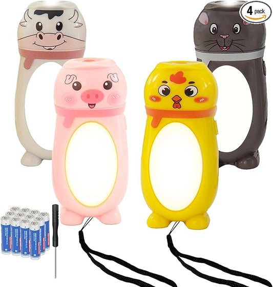 4 Pack Small Mini LED Flashlights for Kids - Cute Small Animal Flashlight - 2 in 1 Camping Lantern Flashlight - Christmas Gifts Stocking Stuffers for Boys Girls