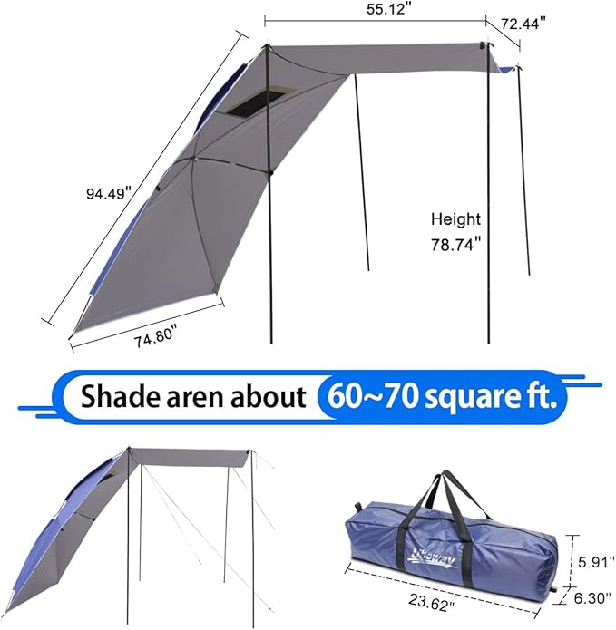 UBOWAY Awning Sun Shelter: Waterproof Auto Canopy Camper Trailer Tent Roof Top for SUV Minivan Hatchback Camping Outdoor Travel 5-6Persons