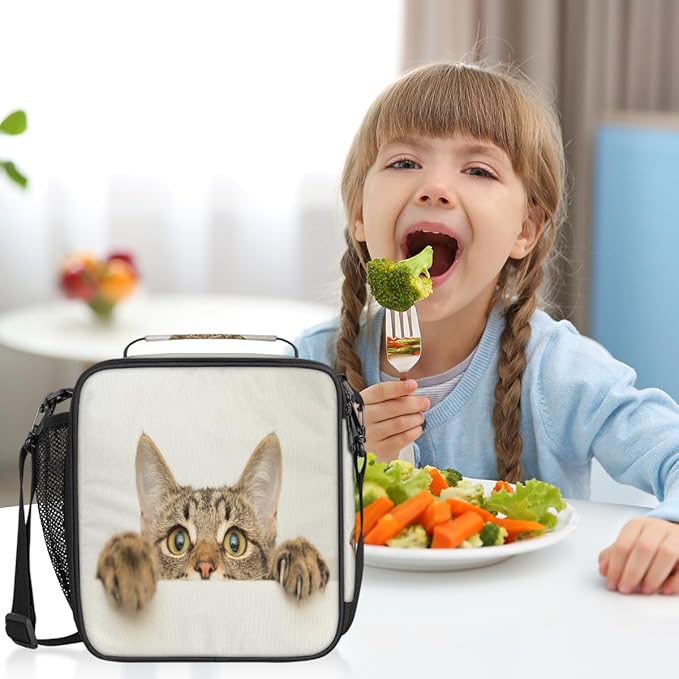 Funny Animal Cat Reusable Lunch Bag, Insulated, Spacious, Waterproof, Suitable for Boys and Girls, 10.5 x 3.5 x 9.5 inches