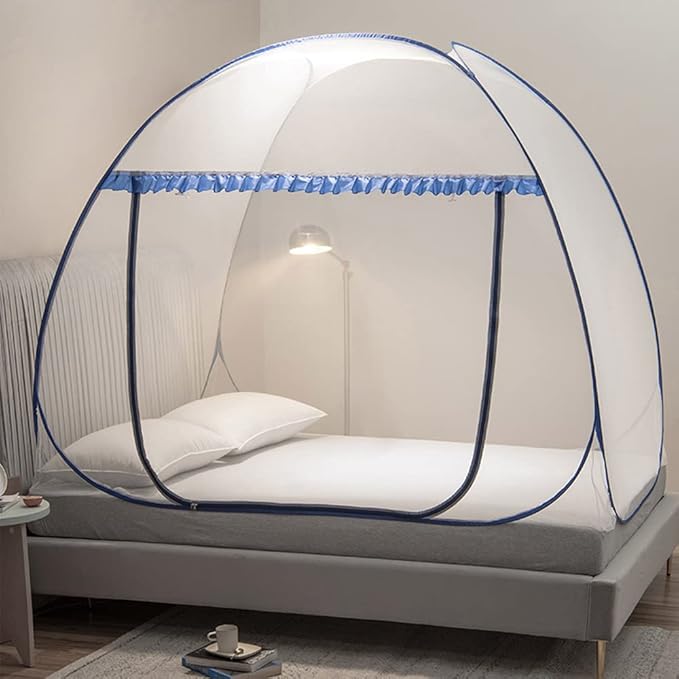 Mengersi Mosquito Net Tent for Bed,Pop-Up Bed Canopy with Net Bottom,Mosquito Netting Bed Tent for Kids Girls Boys,Bed,Suit for Indoor Outdoor (Full/Queen, Blue)