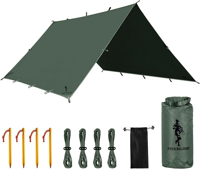 FREE SOLDIER Camping Tarp Waterproof Portable Multifunctional Outdoor Traveling Awning Backpacking Shelter Rain Tarp (Lake Green 10×10.5ft)