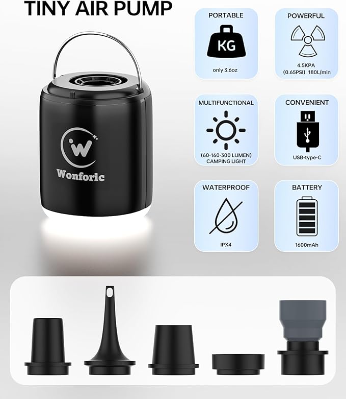 Mini Air Pump for Inflatables, Tiny Electric Air Pump 4.5kPa with Camping Lantern and Magnetic Adsorption,Rechargeable Travel Air Pump for Air Mattress,Sleeping Pad,Pool Float,Swimming Ring