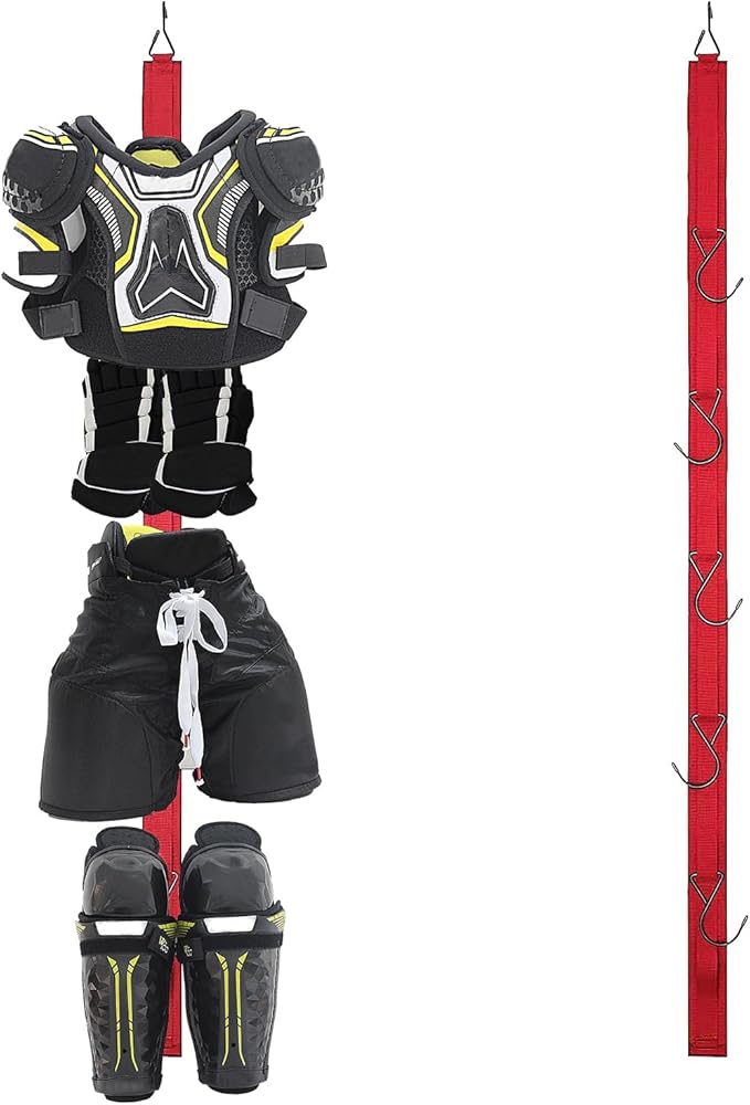 Hockey Hanger Portable Hanging Dryig Rack Hockey Gifts for Home and Outdoor Using in Ice Hockey Skating Football Camping Fishing 5 Hooks (Red)