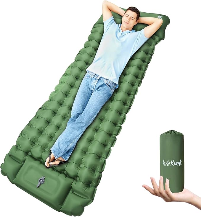 Camping Sleeping Pad, Ultralight Inflatable Camping Mat with Pillow Built-in Foot Pump Inflatable Sleeping Pads for Hiking Backpacking Camping Family Trips Tent(Green)