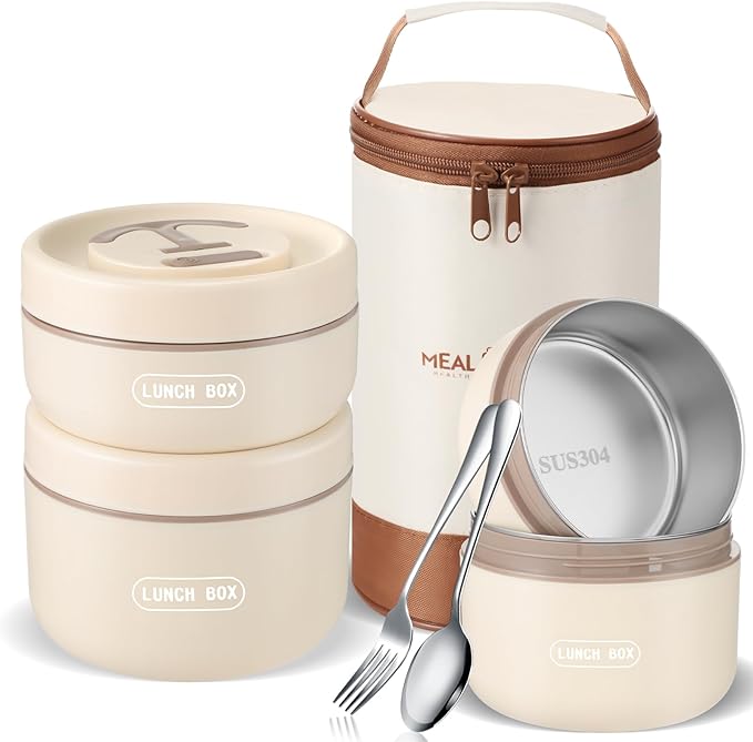 Dandat 3 Pcs Portable Insulated Lunch Container Set for Adult kids, Stackable Stainless Steel Bento Box for Hot Food with Insulated Lunch Bag Unisex 3 Separate Thermal Food Container(Beige)