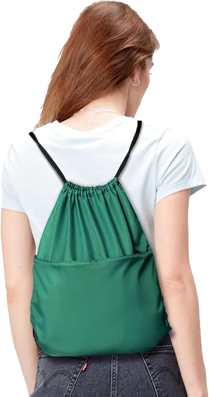 BuyAgain Drawstring Backpack Sports Water Resistant String Bag Sport Gym Sackpack for Women Men Large with Zipper (Hunter Green)