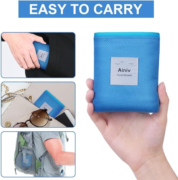 Picnic Blanket, Mini Pocket Beach Mat 43.3 x 55.1IN (2-3 People) Foldable, Lightweight Waterproof Sand Free, Foldable Thin Ground Sheet for Outdoor Camping Hiking Travel - with Hand Strap
