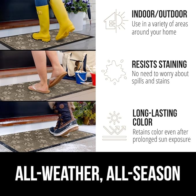 GORILLA GRIP 100% Waterproof All-Season WeatherMax Doormat, 47x35, Durable Natural Rubber, Stain and Fade Resistant, Low Profile, Indoor Outdoor Door Mats, Easy Clean Patio Entry Mat, Tan Pawprints