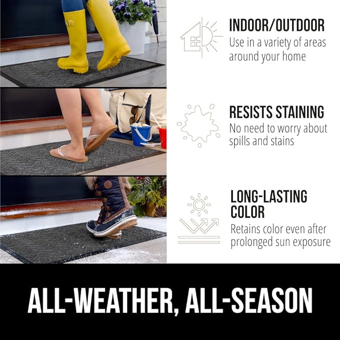 GORILLA GRIP 100% Waterproof All-Season WeatherMax Doormat, Durable Natural Rubber, Stain and Fade Resistant, Low Profile, Indoor Outdoor Doormats, Easy Clean Patio Entrance Mat, 17x29, Steel Chevron