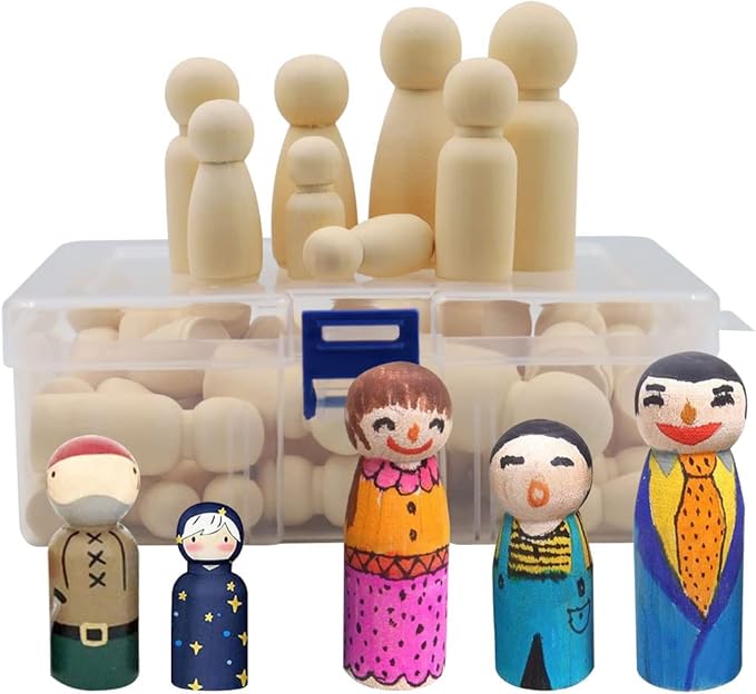 50 Pack Unfinished Wooden Peg Dolls, Abnaok Peg People, Doll Bodies, Wooden Figures, Decorative Peg Doll People for Kids DIY Art Craft, Painting, Peg Game, Home Party Decor, Assorted Shapes and Sizes