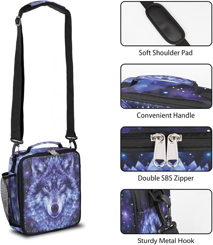 cfpolar Wolf Lunch Box for Boys Girls, Insulated Lunch Bags for Kids Reusable Mini Cooler Lunch Tote Lunchbox Thermal Meal Tote Kit with Shoulder Strap for Work School Picnic