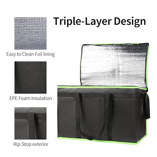 Bodaon 2-Pack Insulated Food Delivery Bag, XXX-Large Meal Grocery Tote Insulation Bag for Hot/Cold Food, Commercial Cooler/Thermal Bags, Large Capacity Reusable Warming Bag, Black with Green Edge