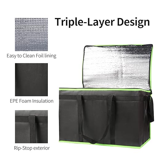 Bodaon 3-Pack Insulated Food Delivery Bag, XXX-Large Meal Grocery Tote Insulation Bag for Hot/Cold Food, Commercial Cooler/Thermal Bags, Large Capacity Reusable Warming Bag, Black with Green Edge