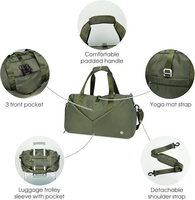 Ceneda 20" Gym Duffel Bag with Wet Pocket Shoes Compartment Portable Overnight Weekender Bag Travel bag Yoga Bag for Women (Green)