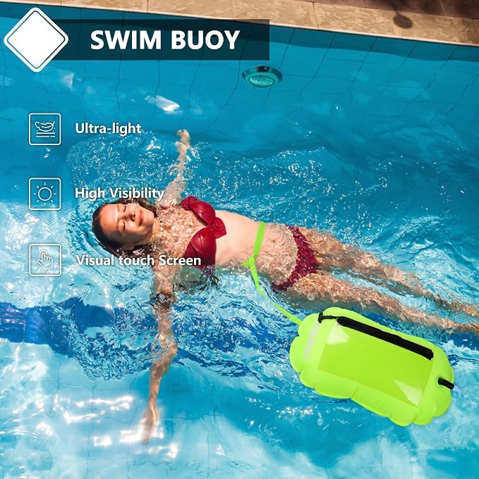 Hikeen Swim Buoy -Waterproof Touchscreen Storage Space, Swim Safety Float w/Adjustable Waist Belt for Open Water Swimmers and Triathletes -Be Bright,Be Safer & Be Seen Green