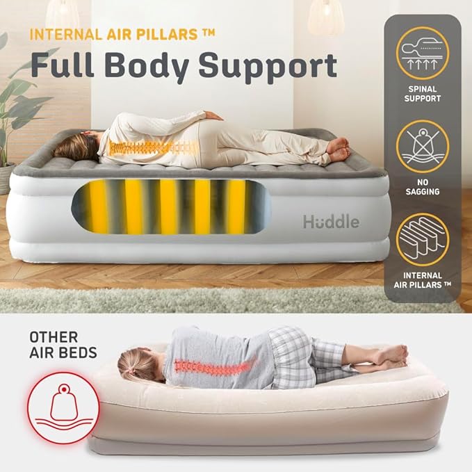 Huddle® Luxury Never Deflate Twin Air Bed with Patented Dual Pump SlumberGuard™ Premium Technology | Inflatable Mattress with Built-in Pump | Comfortable Inflatable Mattres