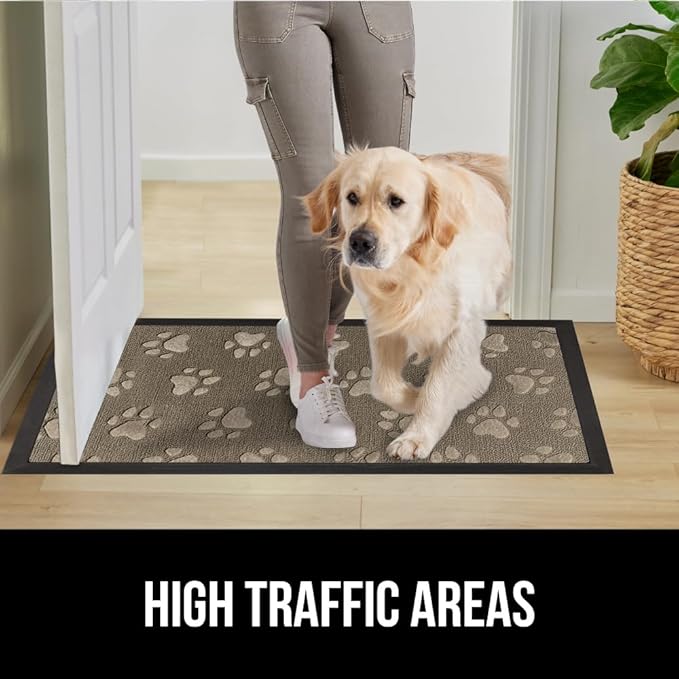 GORILLA GRIP 100% Waterproof All-Season WeatherMax Doormat, 23x35, Durable Natural Rubber, Stain and Fade Resistant, Low Profile, Indoor Outdoor Door Mats, Easy Clean Patio Entry Mat, Tan Pawprints