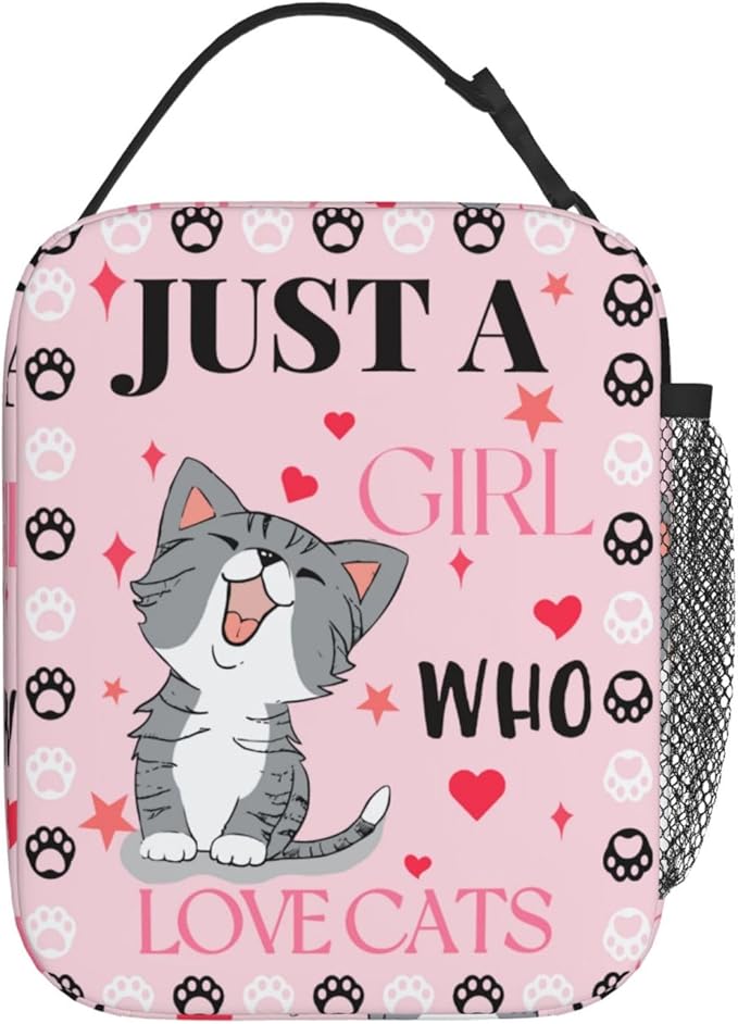 Cute Cat Pink Lunch Bag Large Capacity Heat Insulated Lunch Box, Just A Girl Who Loves Cats Leakproof Durable Portable Reusable Handbags Thermal Cooler Tote Bag for School