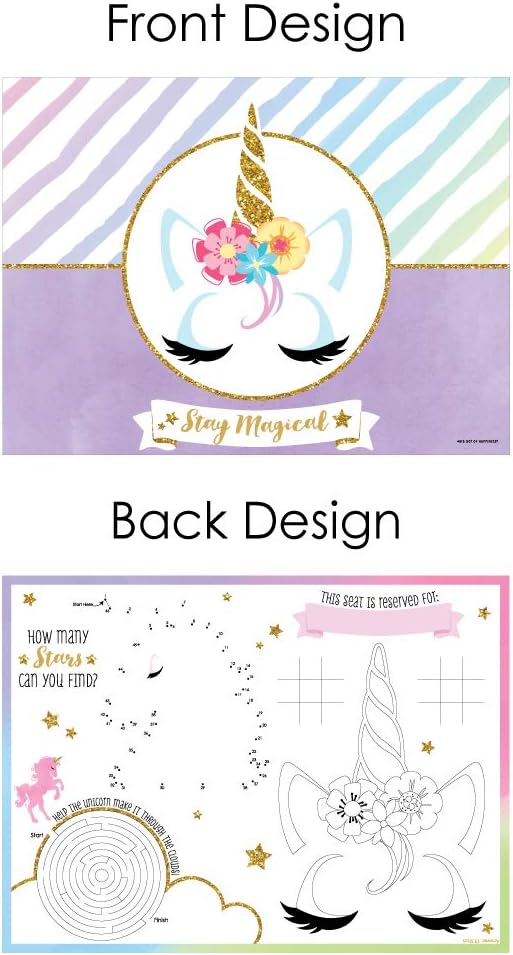 Big Dot of Happiness Rainbow Unicorn - Paper Magical Unicorn Birthday Party Coloring Sheets - Activity Placemats - Set of 16