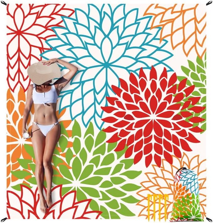 Large Beach Blanket Waterproof Sandproof, 78''×86'' Foldable Picnic Blankets for 4 Adults with Stakes and Sand Pocket, Colorful Blossoms Pattern Beach Mat Vacation Essentials Accessories Must Haves