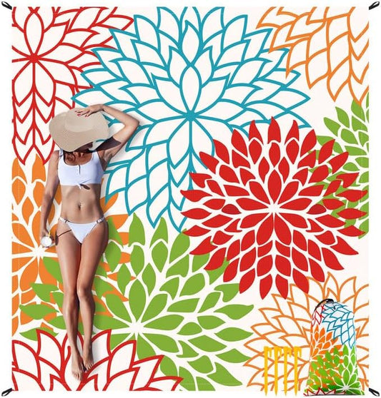 Large Beach Blanket Waterproof Sandproof, 78''×86'' Foldable Picnic Blankets for 4 Adults with Stakes and Sand Pocket, Colorful Blossoms Pattern Beach Mat Vacation Essentials Accessories Must Haves