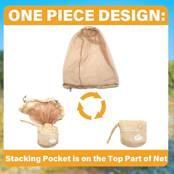 Benvo Mosquito Head Net Mesh One Piece Face Neck Fly Netting Cover from Bugs Gnats Noseeums Hat-Compatible Insect Shield for Fishing, Camping, Gardening (2pcs, Khaki, Upgraded Big Net)