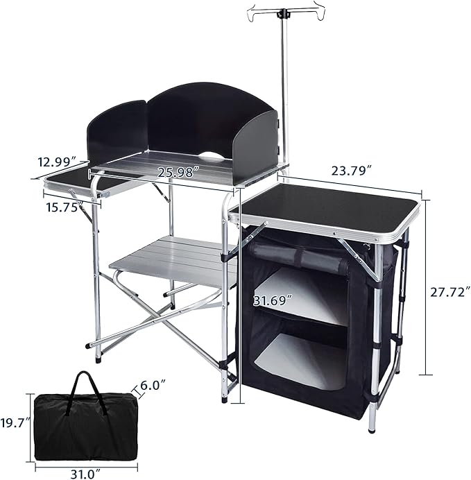 CampLand Folding Cooking Table Outdoor Portable Cook Station Aluminum Camping Kitchen with Storage Organizer (Black)