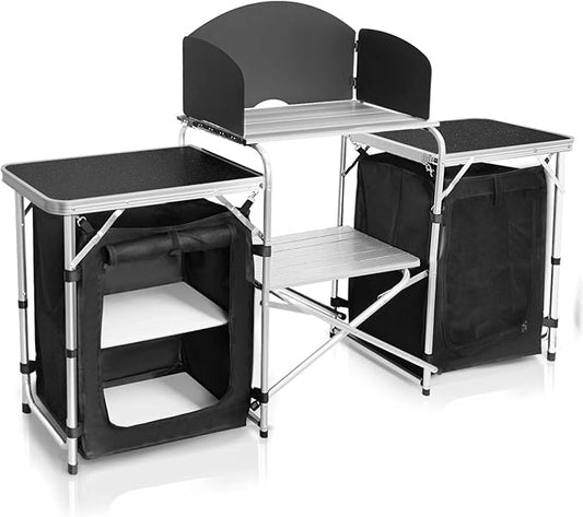 CampLand Folding Cooking Table Outdoor Portable Cook Station Aluminum Camping Kitchen with Storage Organizer, Windscreen, Hooks for BBQ, Party (Black2cabinet)